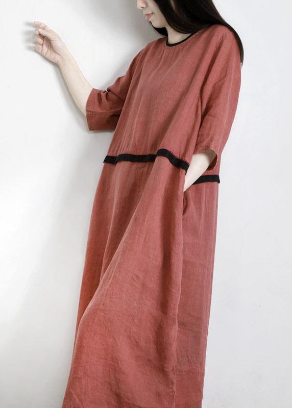 Round Neck Contrast Trim Band Three Quarter Sleeve Linen Maxi Dress