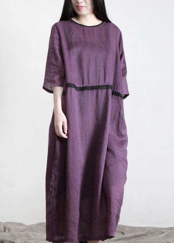 Round Neck Contrast Trim Band Three Quarter Sleeve Linen Maxi Dress