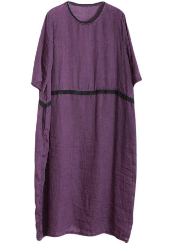 Round Neck Contrast Trim Band Three Quarter Sleeve Linen Maxi Dress
