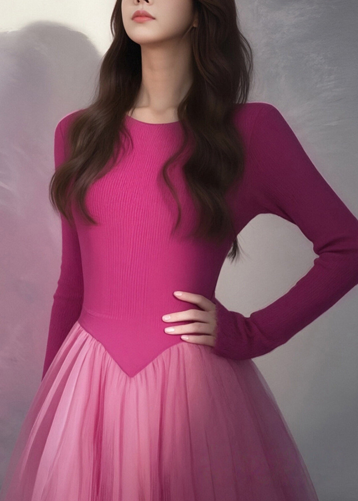Crew Neck Ribbed Knit Pointed Drop Waist Layered Tulle Midi Dress