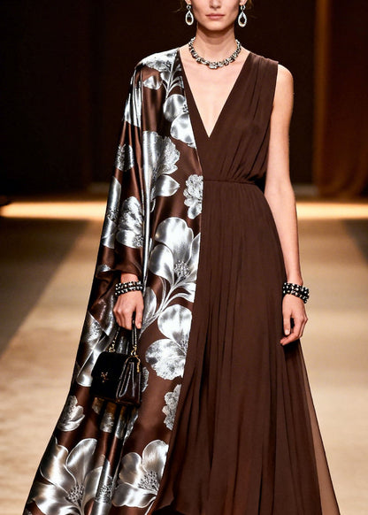 Asymmetrical Deep V-Neck Metallic Floral Print Satin Cape Sleeve Pleated Chiffon Maxi Gown