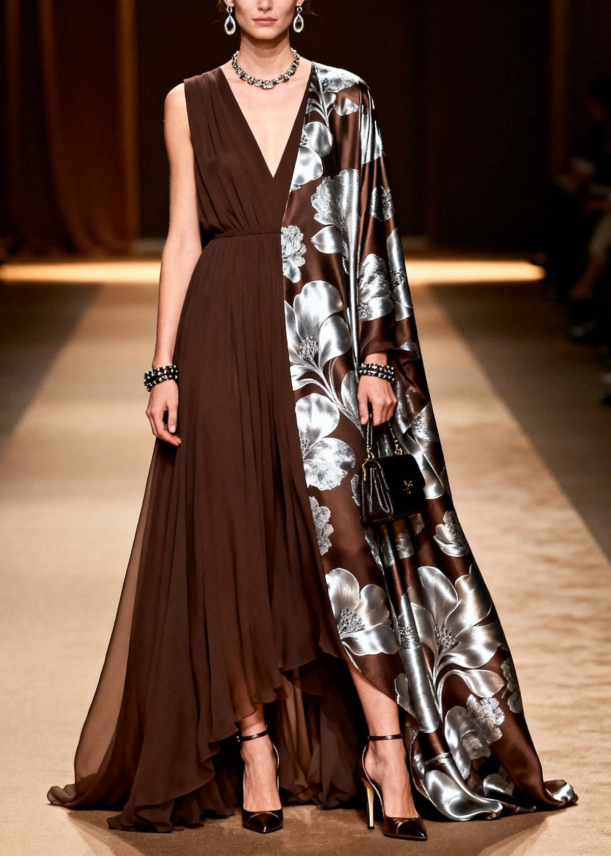 Asymmetrical Deep V-Neck Metallic Floral Print Satin Cape Sleeve Pleated Chiffon Maxi Gown