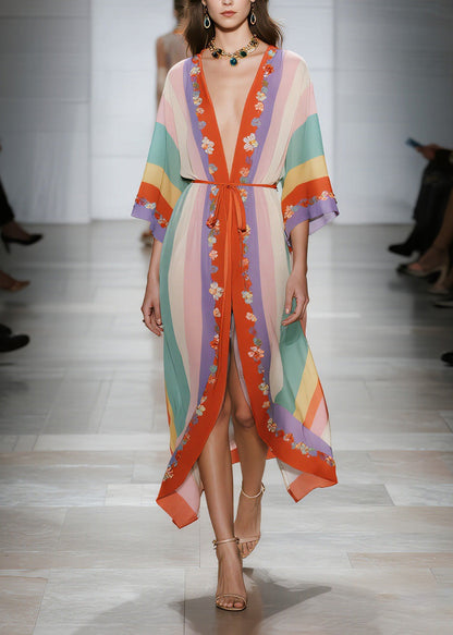 Deep V Neck Vertical Stripe Floral Embroidery Kimono Tie Waist Midi Dress