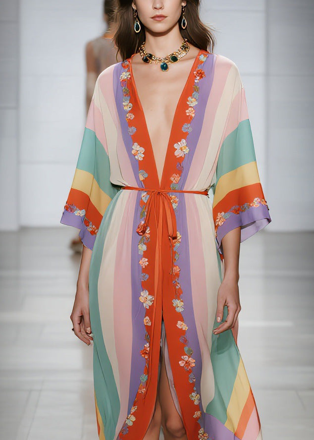 Deep V Neck Vertical Stripe Floral Embroidery Kimono Tie Waist Midi Dress