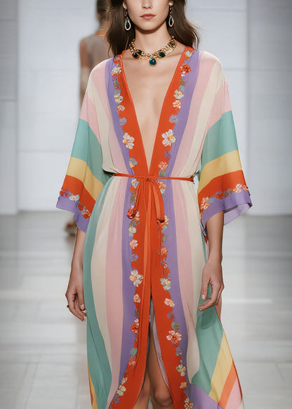 Deep V Neck Vertical Stripe Floral Embroidery Kimono Tie Waist Midi Dress