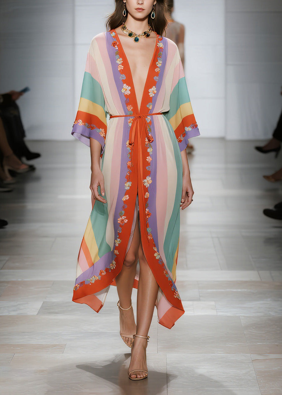 Deep V Neck Vertical Stripe Floral Embroidery Kimono Tie Waist Midi Dress
