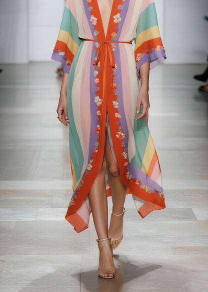 Deep V Neck Vertical Stripe Floral Embroidery Kimono Tie Waist Midi Dress