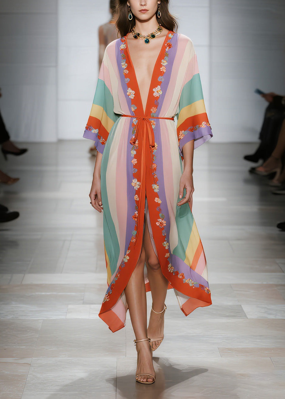 Deep V Neck Vertical Stripe Floral Embroidery Kimono Tie Waist Midi Dress