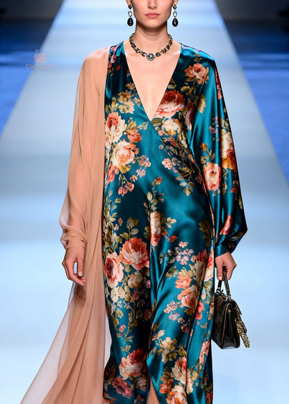 Floral Print Deep V-Neck Long Sleeve Satin Maxi Dress with Sheer Shoulder Drape