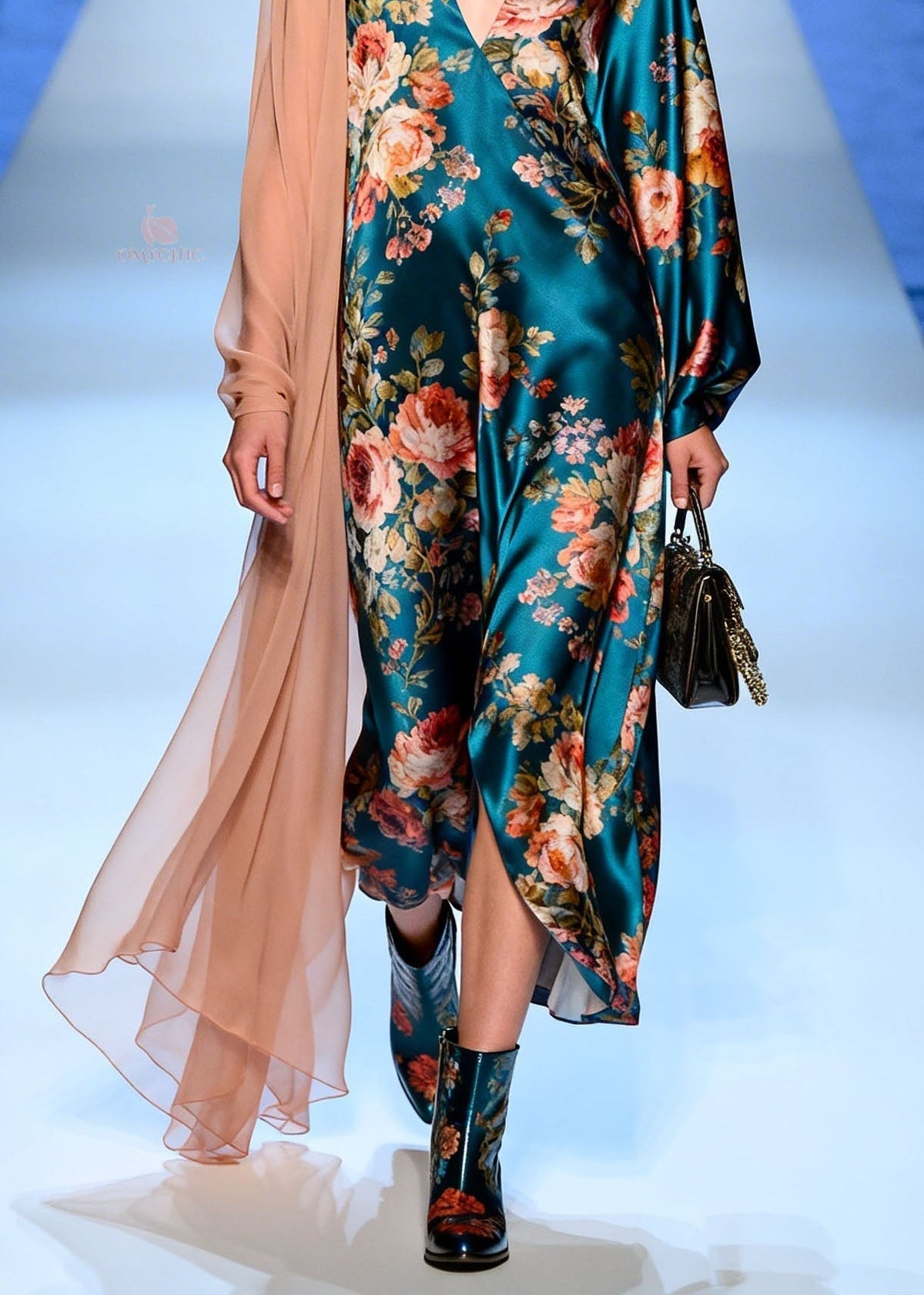 Floral Print Deep V-Neck Long Sleeve Satin Maxi Dress with Sheer Shoulder Drape