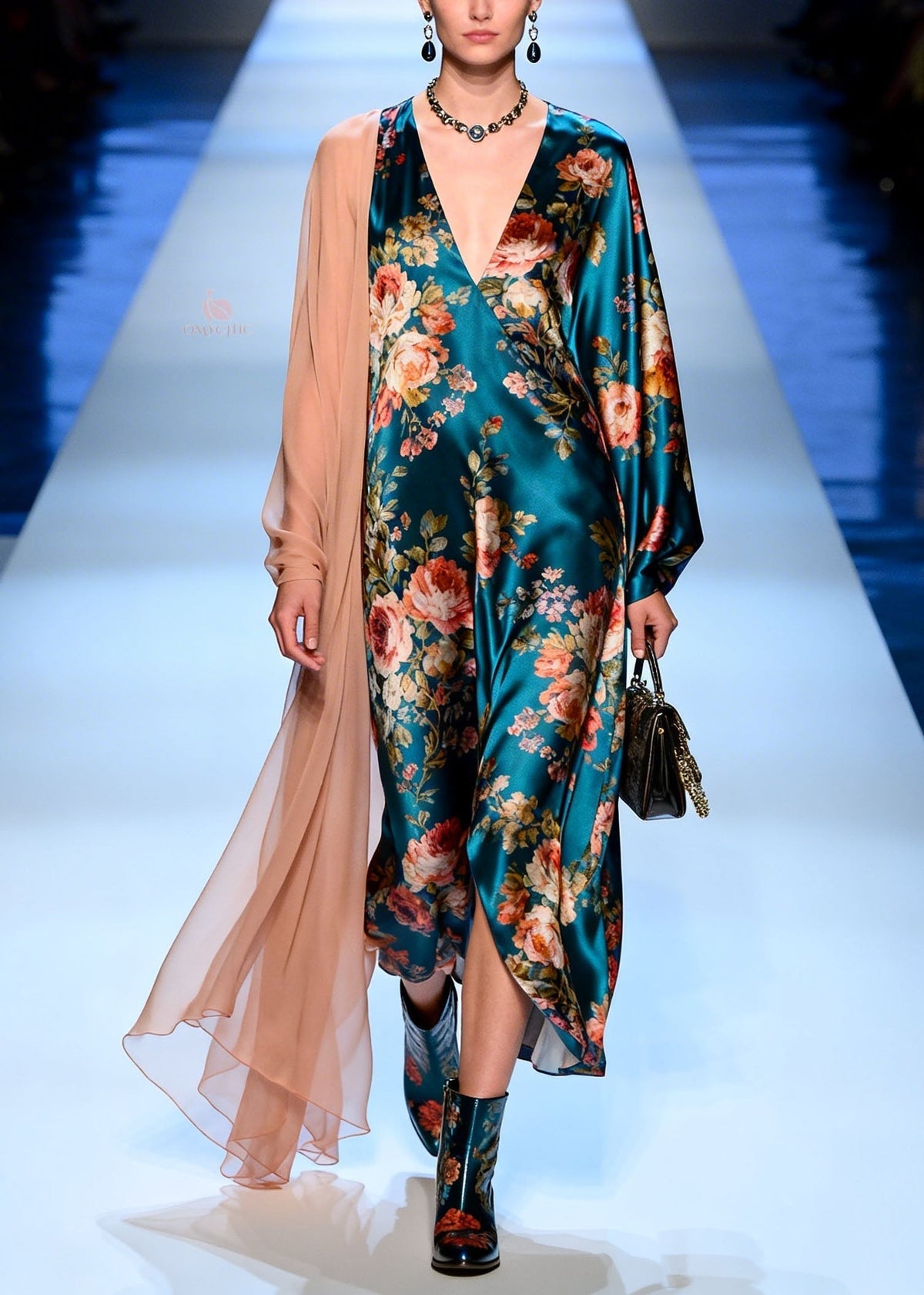 Floral Print Deep V-Neck Long Sleeve Satin Maxi Dress with Sheer Shoulder Drape