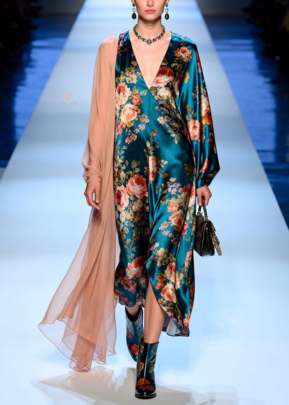 Floral Print Deep V-Neck Long Sleeve Satin Maxi Dress with Sheer Shoulder Drape
