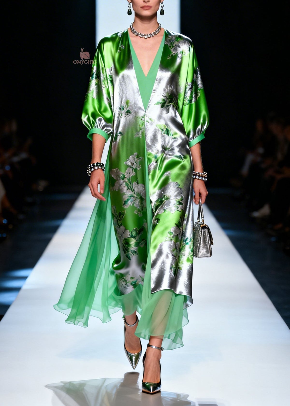 Deep V-Neck Metallic Floral Print Sheer Layered Kaftan Maxi Dress