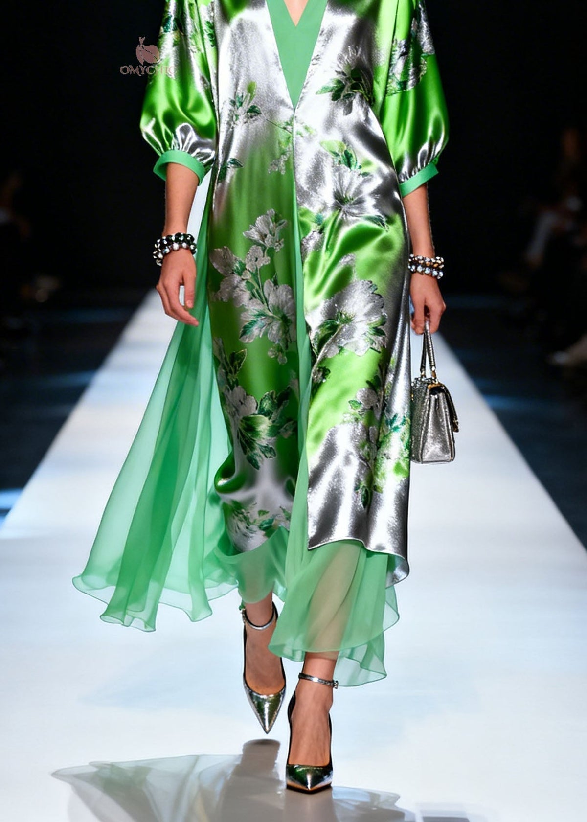 Deep V-Neck Metallic Floral Print Sheer Layered Kaftan Maxi Dress