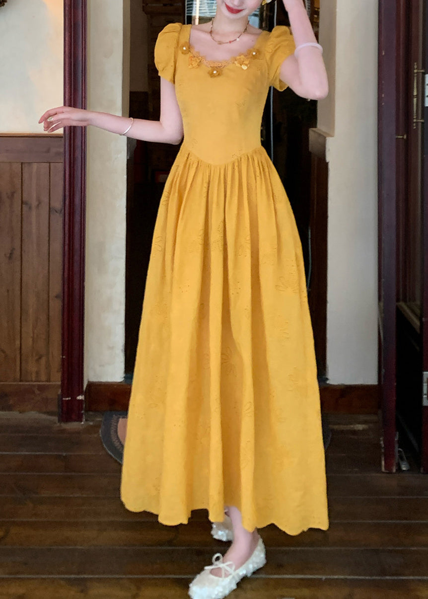 Square Neck Puff Sleeve 3D Rosette Applique Eyelet Broderie Midi Dress