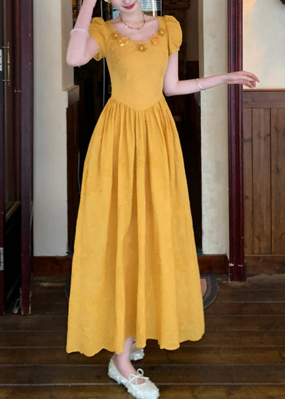 Square Neck Puff Sleeve 3D Rosette Applique Eyelet Broderie Midi Dress