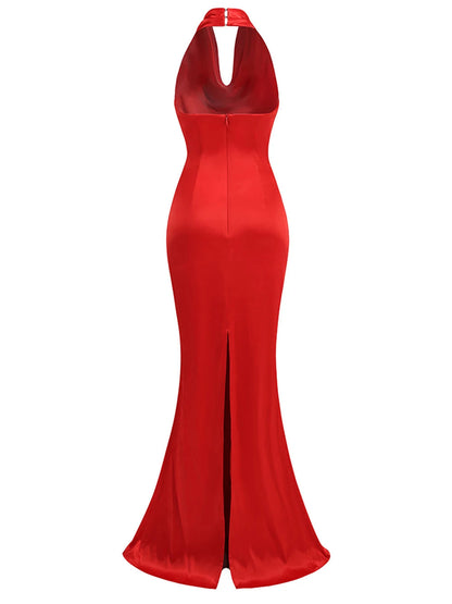 Red Backless Halter V-Neck Maxi Bodycon Party Dress