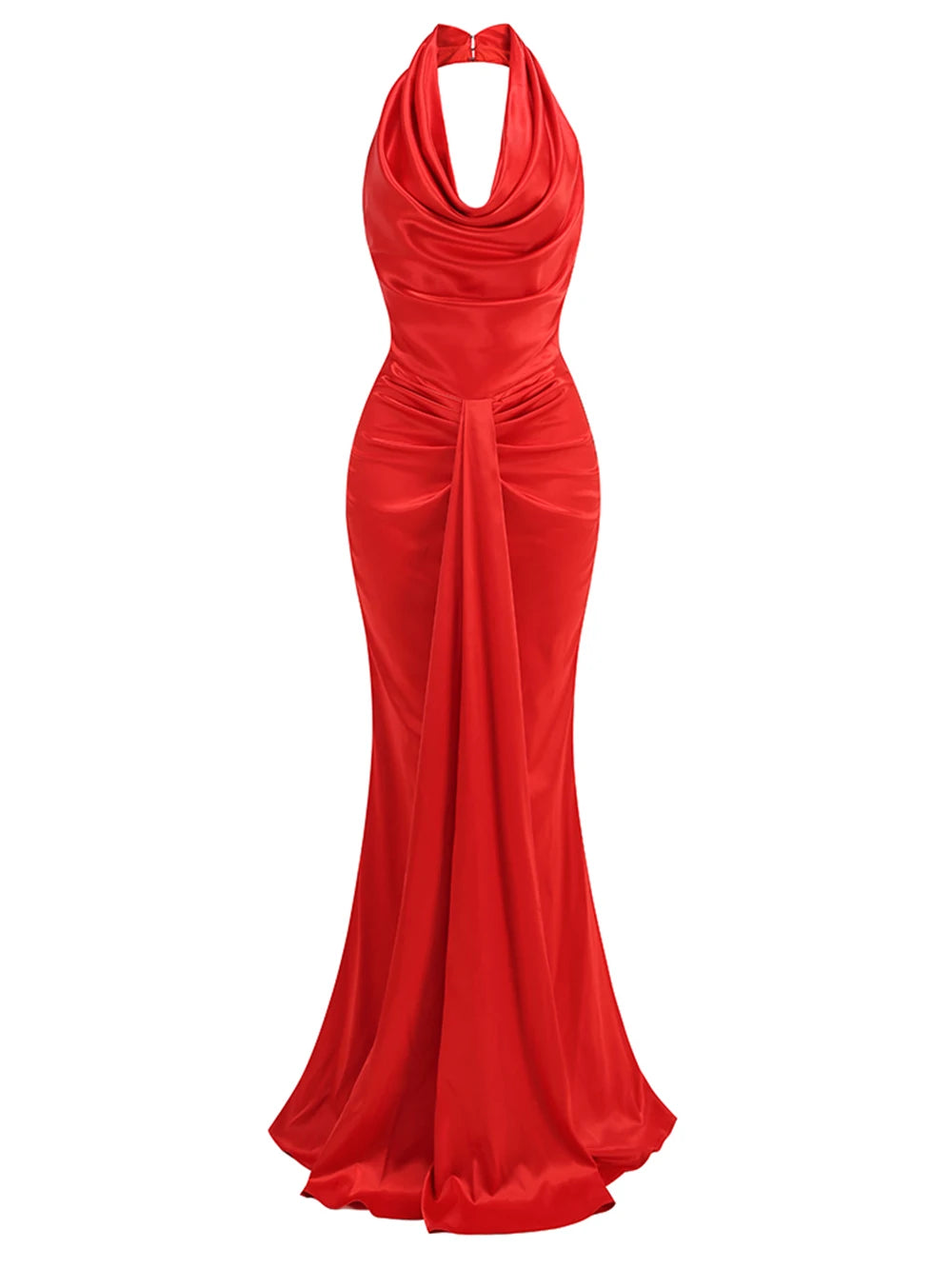 Red Backless Halter V-Neck Maxi Bodycon Party Dress