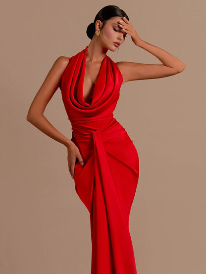 Red Backless Halter V-Neck Maxi Bodycon Party Dress