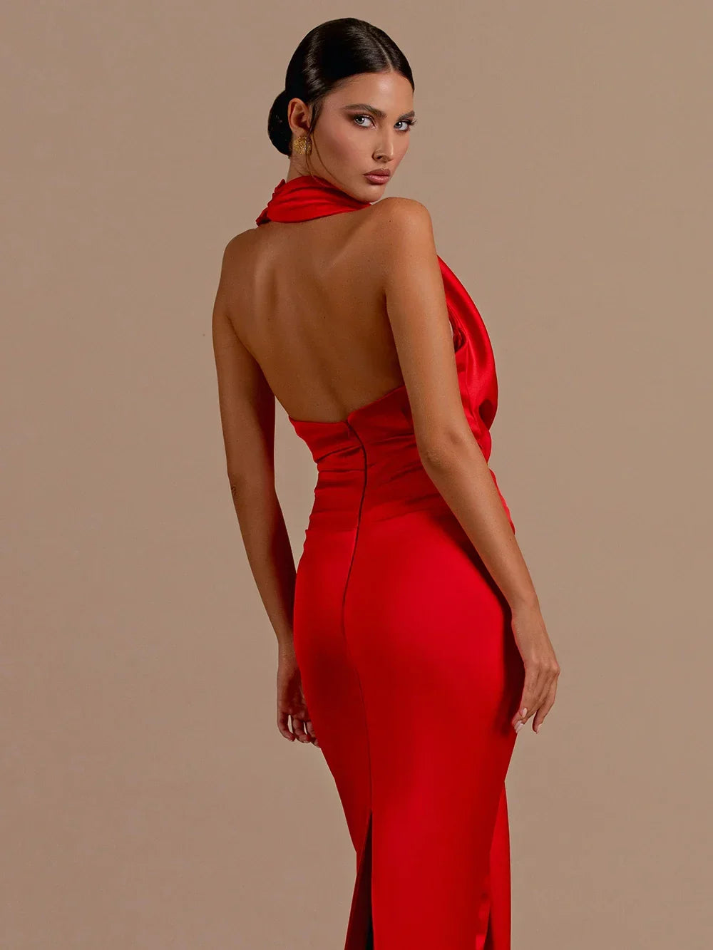 Sexy Backless Sleeveless Halter V-Neck Red Draped Maxi Bodycon Elegant Party Dress