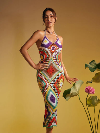 Halter Neck V Neck Geometric Diamond Crochet Knit Maxi Dress