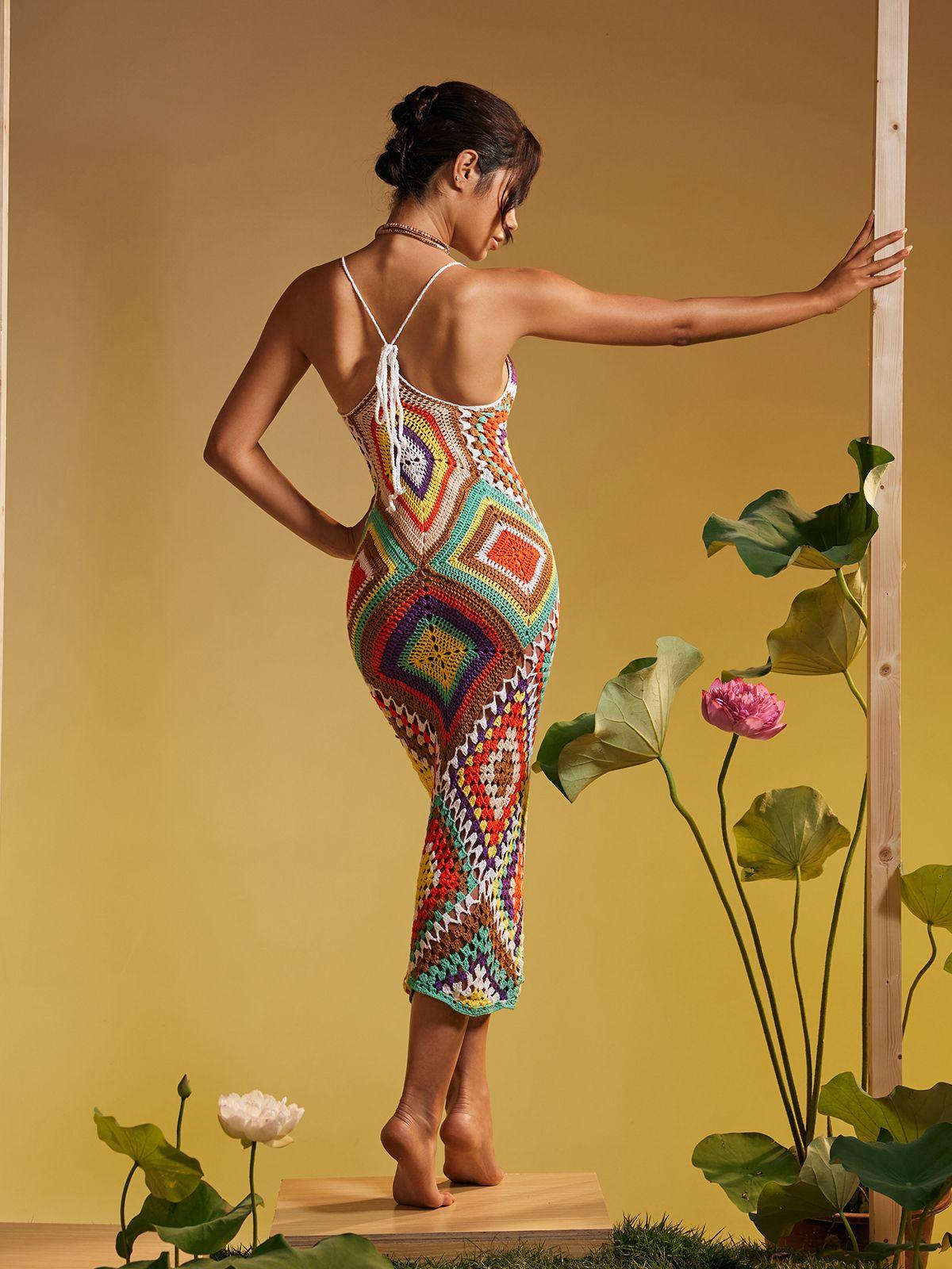 Halter Neck V Neck Geometric Diamond Crochet Knit Maxi Dress