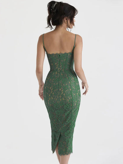 Floral Lace Corset Bodice Spaghetti Strap Bodycon Midi Dress