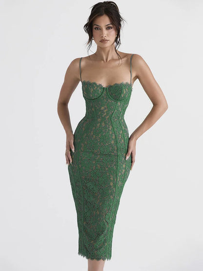 Floral Lace Corset Bodice Spaghetti Strap Bodycon Midi Dress
