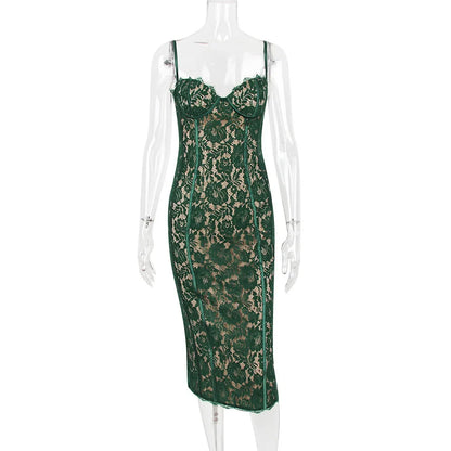 Floral Lace Corset Bodice Spaghetti Strap Bodycon Midi Dress