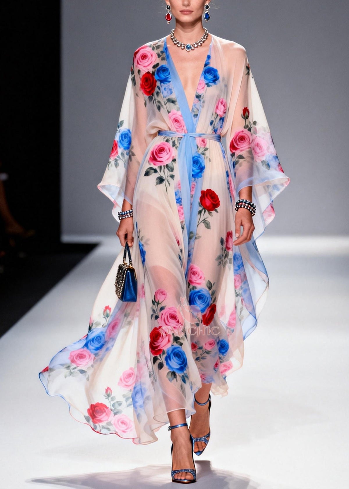 Deep V-Neck Kimono Sleeve Floral Print Tie-Waist Maxi Gown