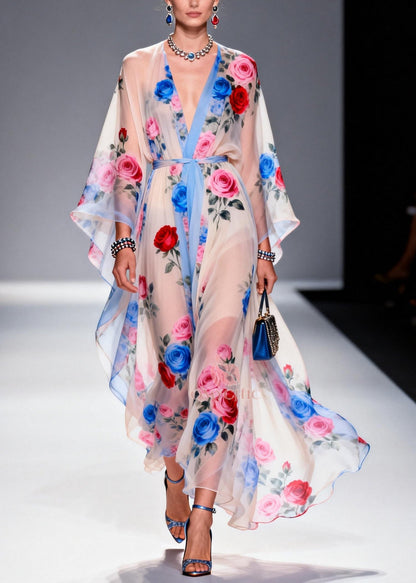 Deep V-Neck Kimono Sleeve Floral Print Tie-Waist Maxi Gown