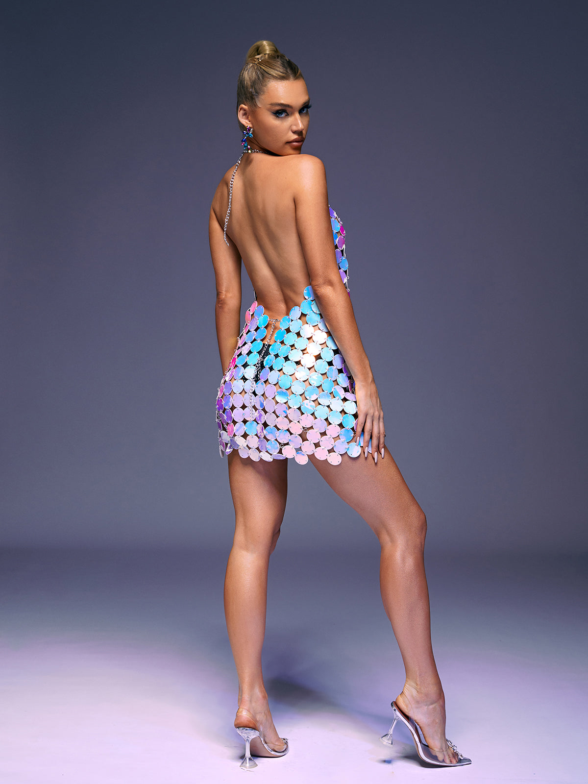 Halter Iridescent Paillette Disc Chainmail Mini Dress