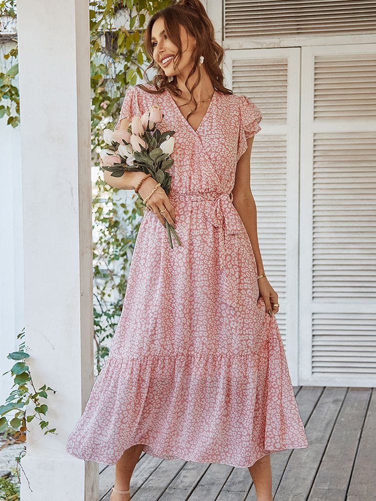 V Neck Flutter Sleeve Tie Waist Print Tiered Maxi Dress