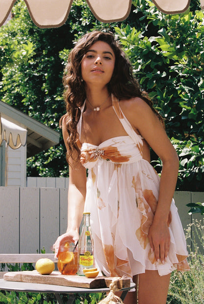 Floral Print Chiffon Halter Ruffle Tier Mini Dress with Starfish Detail