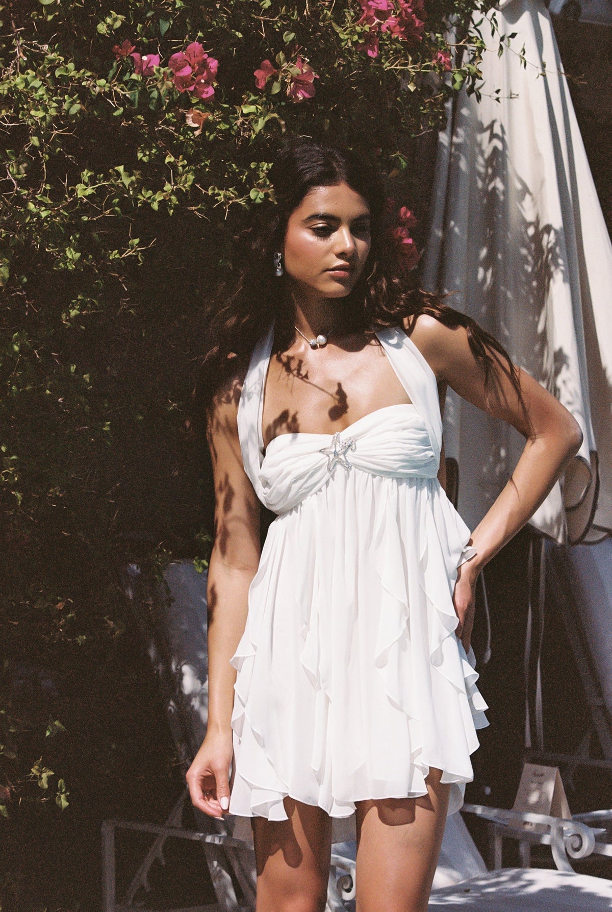 Floral Print Chiffon Halter Ruffle Tier Mini Dress with Starfish Detail