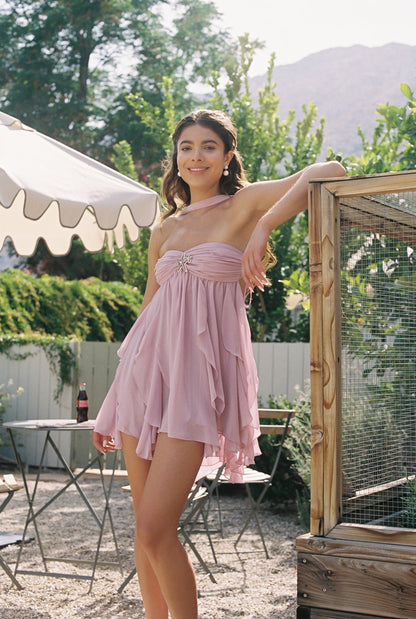 Floral Print Chiffon Halter Ruffle Tier Mini Dress with Starfish Detail