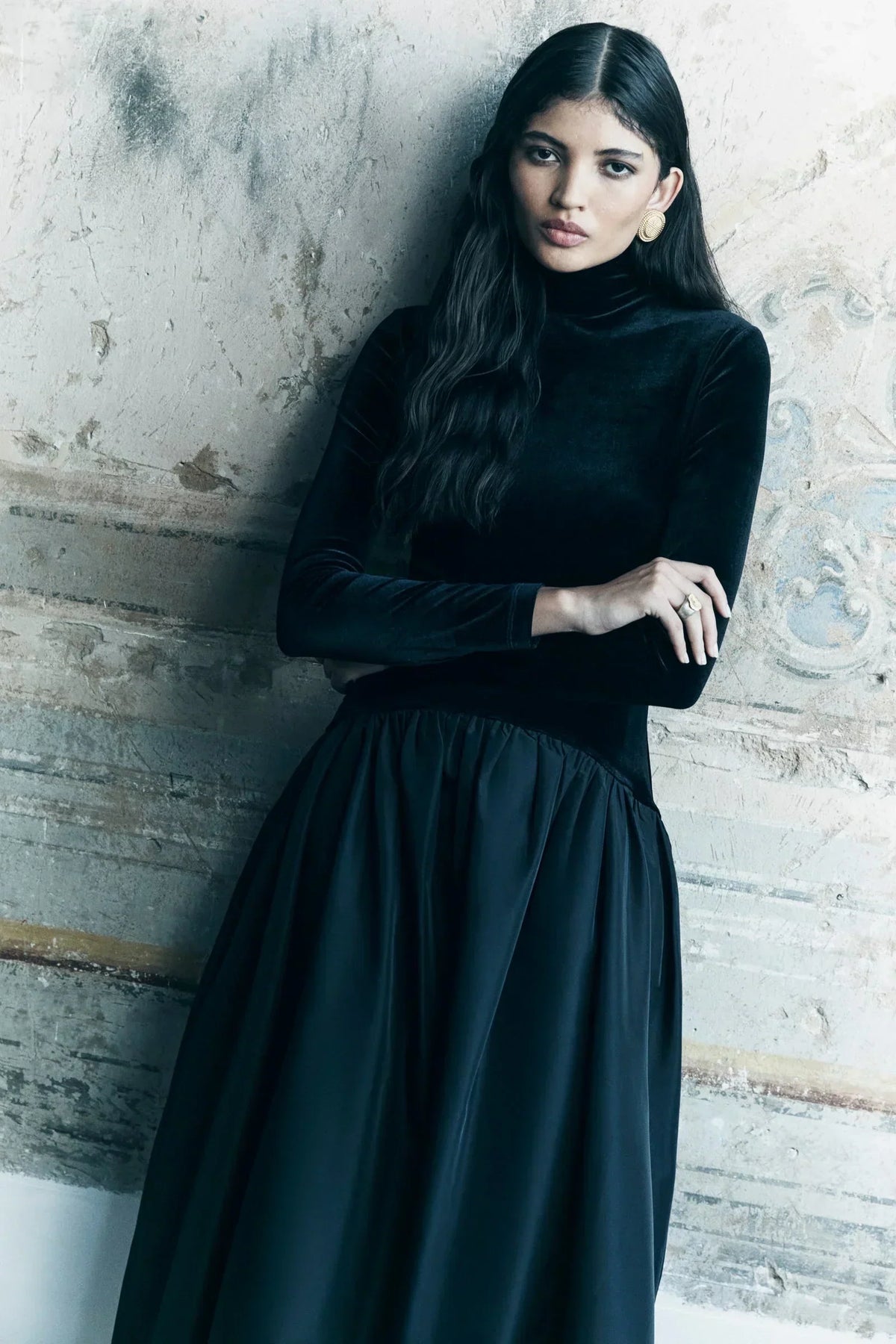 Velvet Mock Neck Gathered Waist Pleated A-Line Maxi Dress