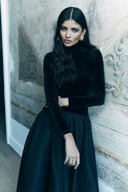Velvet Mock Neck Gathered Waist Pleated A-Line Maxi Dress