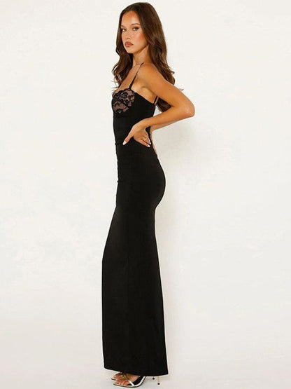 Sweetheart Spaghetti Strap Floral Lace Bustier Bodycon Maxi Dress