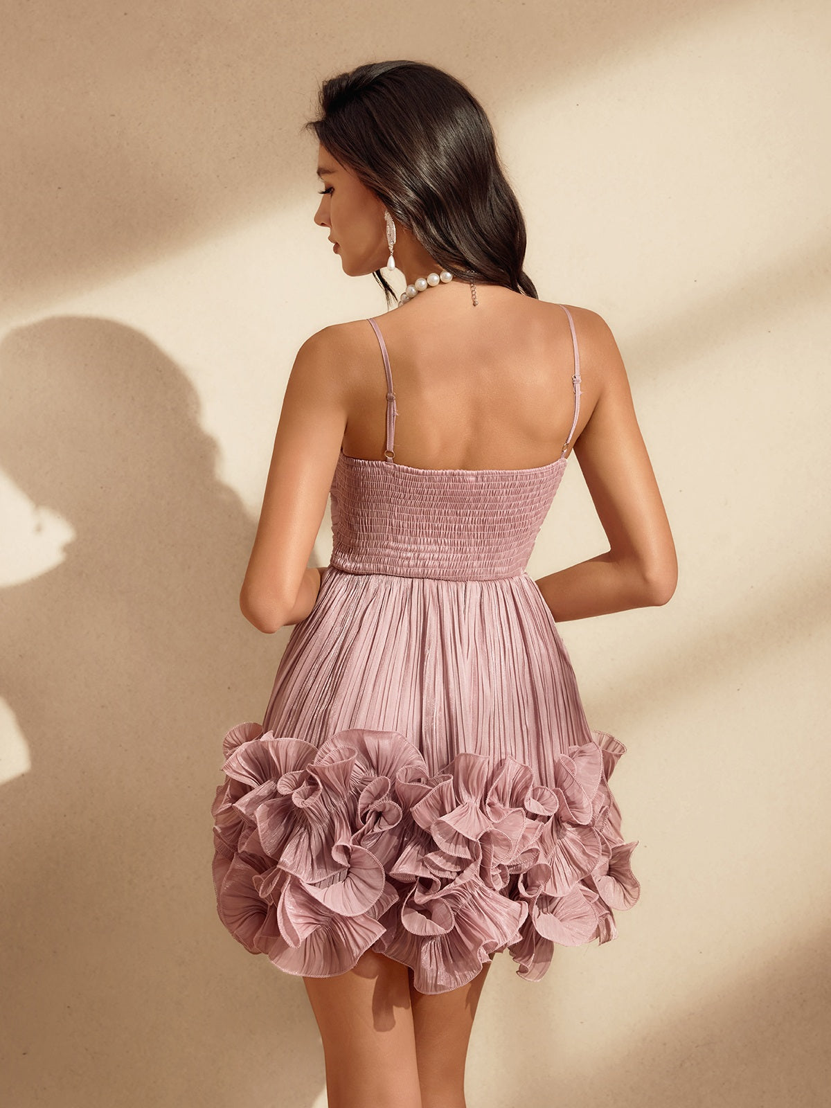 Spaghetti Strap 3D Rosette Ruched Pleated Bubble Ruffle Mini Dress