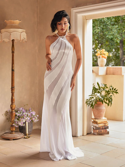 Halter High Neck Diagonal Sheer Opaque Stripe Panel Maxi Gown