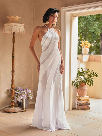 Halter High Neck Diagonal Sheer Opaque Stripe Panel Maxi Gown
