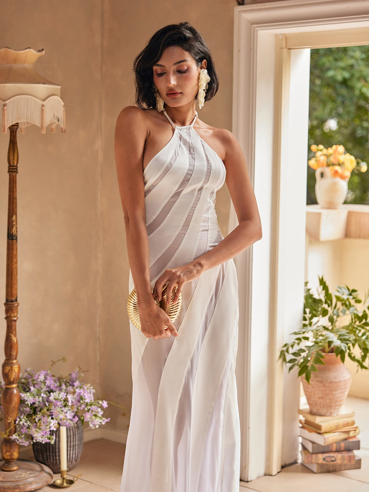Halter High Neck Diagonal Sheer Opaque Stripe Panel Maxi Gown
