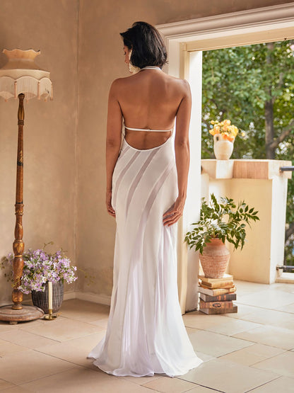 Halter High Neck Diagonal Sheer Opaque Stripe Panel Maxi Gown