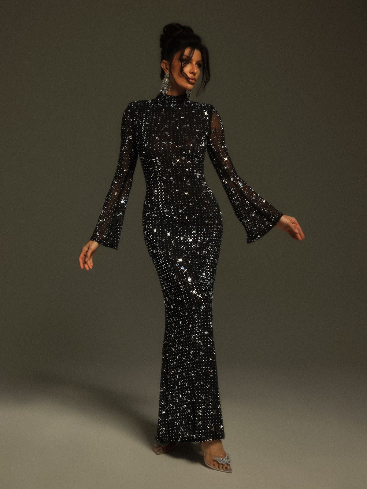 Mock Neck Bell Sleeve Rhinestone Grid Mesh Column Maxi Gown