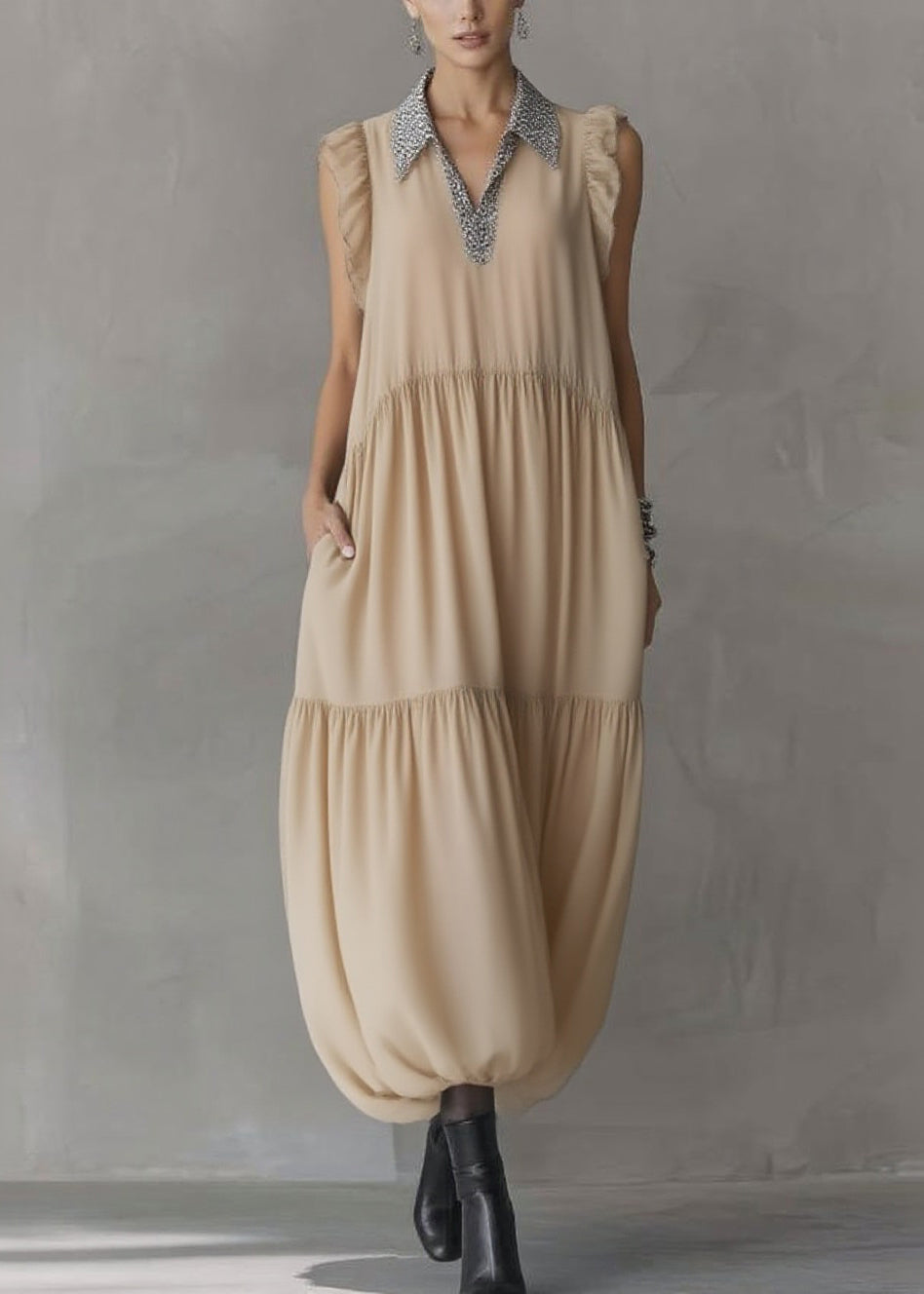 Beaded Peter Pan Collar V-Neck Ruffle Shoulder Bubble Hem Midi Dress