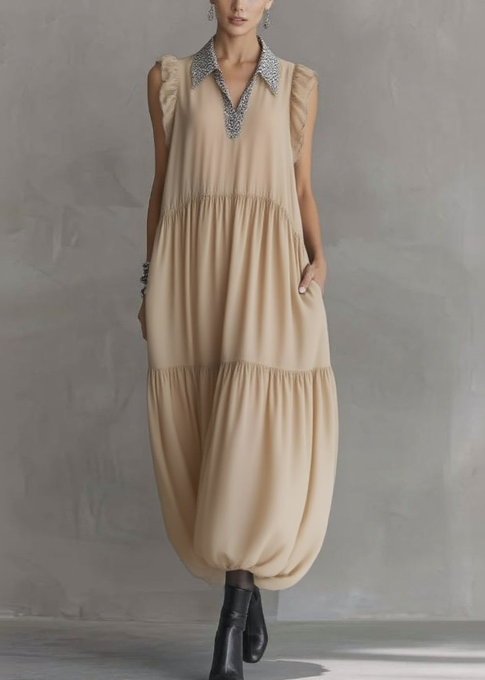 Beaded Peter Pan Collar V-Neck Ruffle Shoulder Bubble Hem Midi Dress