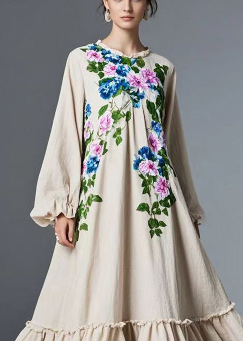 Round Neck Ruffled Floral Extra Wide Hem Cotton Maxi Dress