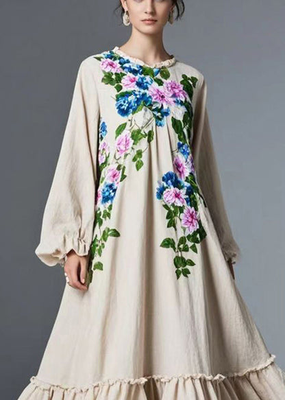 Round Neck Ruffled Floral Extra Wide Hem Cotton Maxi Dress