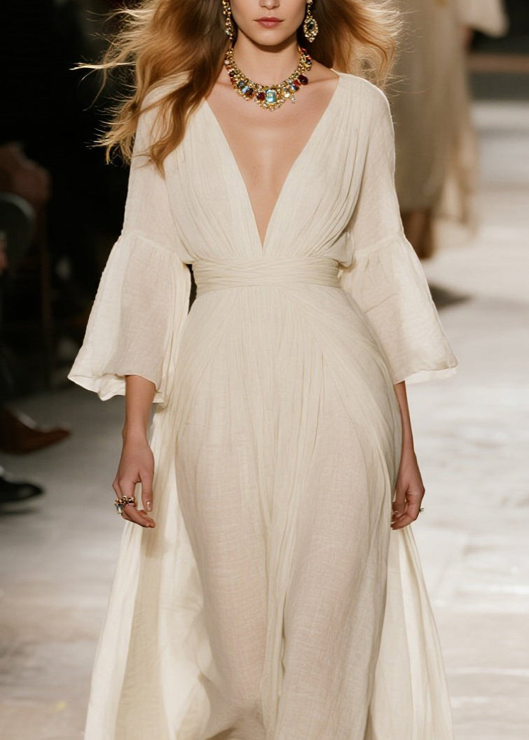 Deep V-Neck Bell Sleeve Pleated Waist Back Cape Crinkle Gauze Maxi Gown